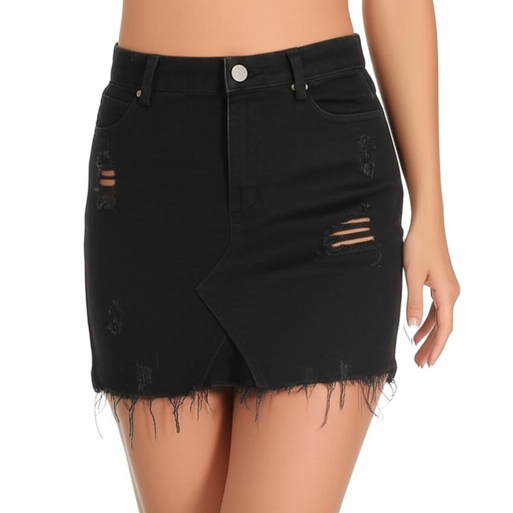 NWT Nasty Gal Skirt Size L Black Distressed Mini Denim Frayed Hem Edgy Chic